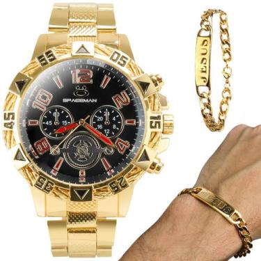 Imagem de Relogio masculino dourado aço inoxidavel + pulseira jesus religioso ca