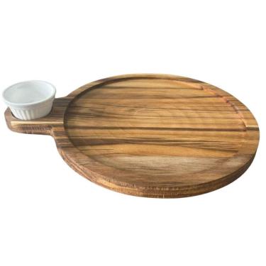 Imagem de Petisqueira Tábua Teca 23cm Servir com Cabo e Ramekin 30ml Redonda Aperitivos Queijos