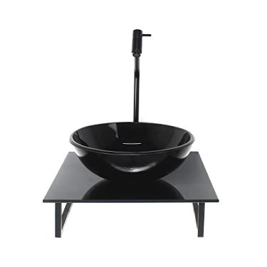 Imagem de KIT CUBA DE VIDRO REDONDA 10MM COM TAMPO DE VIDRO 40CM X 40CM PRETO FULL E SUPORTE PRETO