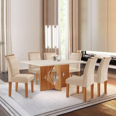 Imagem de Conjunto Sala de Jantar Mesa Laura Tampo Dakota Plus 160X80cm com 6 Cadeiras Laura Yescasa Cinamomo/Off White/Suede Pena