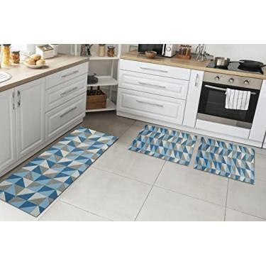 Imagem de Jogo De Tapete+ Passadeiras Kit 3 Pçs Miami Ladrilhos Azul/Cru 100% Antiderrapante