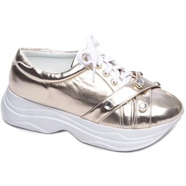 Imagem de Tênis Feminino Plataforma Metálico Dourado com Detalhes Tamanho: 36;Cor: Dourado