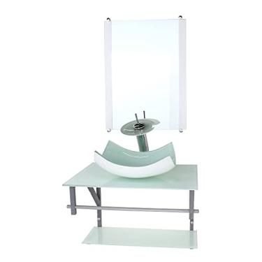 Imagem de GABINETE DE VIDRO PARA BANHEIRO 60CM AC CUBA RETANGULAR CURVADA BRANCO FULL COM TORNEIRA CASCATA