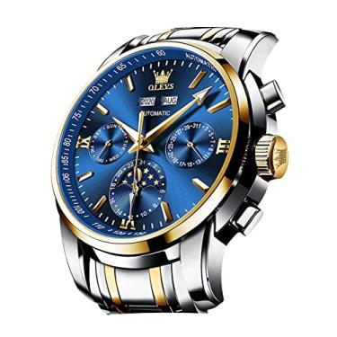 Imagem de OLEVS Relógio masculino automático, mecânico, luxuoso, de aço inoxidável, à prova d'água, com calendário, luminoso, relógio de pulso, Azul, Mecânica