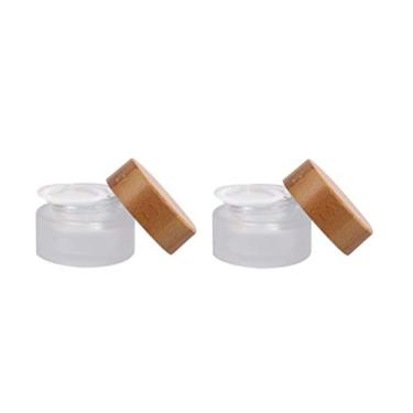 Imagem de Pacote com 2 frascos de vidro fosco redondo recarregável vazio de 15 ml, pote de armazenamento de cosméticos, frasco de frascos de amostra com tampa de bambu natural e forros internos para creme de loção e bálsamo labial