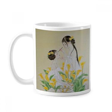 Imagem de Caneca chinesa de aquarela bela com flor, cerâmica para café, xícara de porcelana