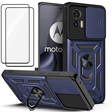 Imagem de Capa para Motorola Moto Edge 30 Neo Capinha | com 2 protetores de tela temperados, janela deslizante de proteção da câmera integrada e suporte para telefone - Azul