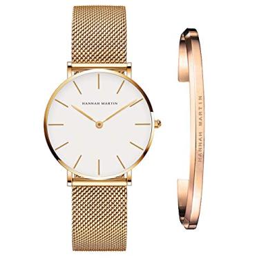 Imagem de HANNAH MARTIN Relógio analógico feminino de quartzo, ouro rosa, pulseira de malha de aço inoxidável, relógio de pulso à prova d'água com pulseira inspiradora, CB36-WJJ0