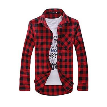 Imagem de Bestgift Camisa xadrez masculina de manga comprida com mistura de algodão, Vermelho, S
