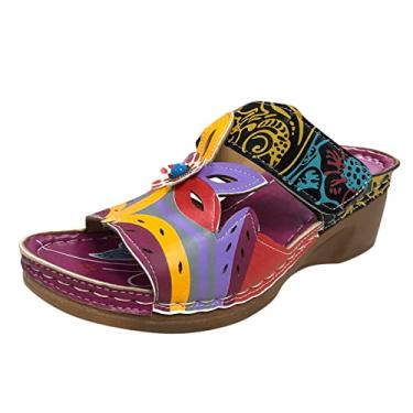 Imagem de Sandálias de suporte de arco para mulheres tamanho grande estilo étnico primavera moda anabela chinelos sapatos casuais de verão e chinelos femininos (roxo, 7,5)