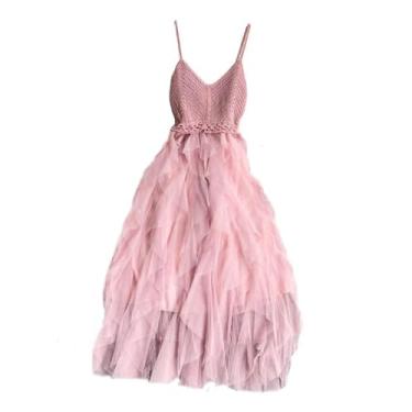 Imagem de MAIFURUN Vestidos de verão feminino vintage robe sem mangas sling gaze renda tule vestido longo rosa azul vestido de noite, Rosa, GG