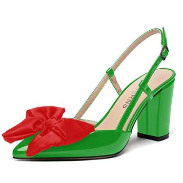 Imagem de WAYDERNS Vestido feminino nupcial fivela bico fino laço patente Slingback tornozelo tira bloco sólido salto alto grosso salto alto sapatos 9,5 cm, Vermelho, verde, 8