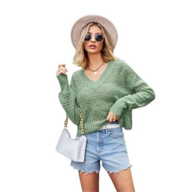 Imagem de Suéter feminino de crochê top oco manga comprida pulôver tops roupas de outono moda (Color : Green, Size : S)