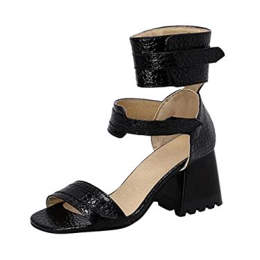 Imagem de Sapatos femininos de couro de pele de cobra oco aberto bico grosso salto alto gancho laço sapatos para mulheres sandálias confortáveis, Preto, 8