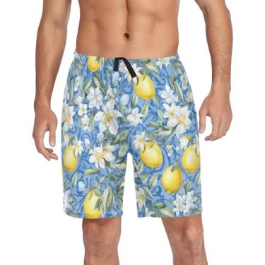 Imagem de CHIFIGNO Calças de pijama para homens, shorts de pijama para dormir, calças de pijama com bolsos e cordão, Limões amarelos e floral branco, P