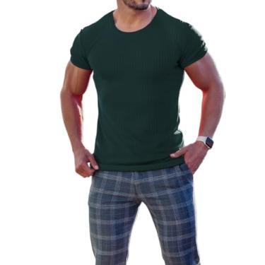 Imagem de Camiseta masculina casual com listras verticais de manga comprida para esportes de outono, Verde, GG