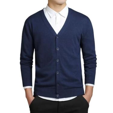Imagem de Suéter de algodão masculino manga longa cardigã masculino gola V suéter solto sólido botão ajuste tricô estilo casual, Azul marino, G