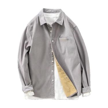 Imagem de Camisa de inverno masculina de algodão sólido casual para manter quente camisas de veludo cotelê gola quadrada camisa de manga comprida masculina, Cinza claro, G