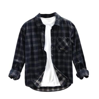 Imagem de Camisa xadrez masculina de manga comprida outono inverno camisas casuais de algodão sólido design de veludo cotelê retrô blusas soltas, Azul marinho, G