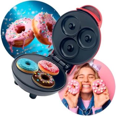 Imagem de Novo Mini Donut Maker, 3 mini donuts Máquina elétrica de fazer donuts para café da manhã adequado para crianças Sobremesa Lanche Perfeito (Red, 110v)
