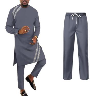 Imagem de UOUNUT Roupas africanas masculinas patchwork africanas manga longa camisas e calças Dashiki roupas slim fit masculino traje africano, Un-1, GG