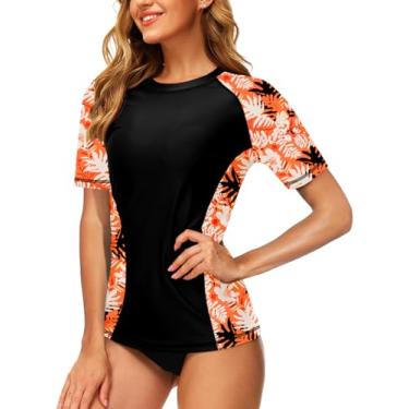 Imagem de AOBUTE Camisetas femininas Rash Guard Tropical FPS 50+ com proteção solar floral de manga curta, Folhas laranjas, M