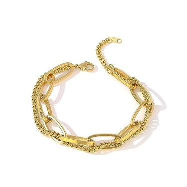 Imagem de Loqimu Pulseira vintage de camada dupla dourada de aço de titânio com clipe de corrente para mulheres, adolescentes, meninas, joias de pulso modernas, Papel Papel Aço de titânio, Sem pedras preciosas
