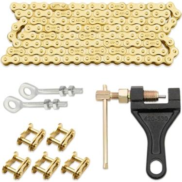 Imagem de Corrente de rolo padrão 420 420 elos 132, corrente de transmissão de ouro 420 para bicicleta Dirt Pit de 110 125 cc, mini bicicleta ATV Quad Go Kart (com disjuntor de corrente + ajustador de eixo de