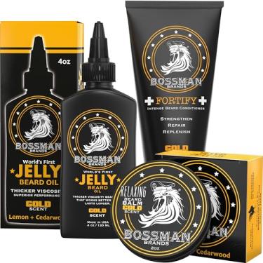 Imagem de Bossman Essentials Kit de barba para homens – Geleia de óleo de barba, creme condicionador fortificante, bálsamo para barba – Acessórios de cuidados para o crescimento (aroma dourado)