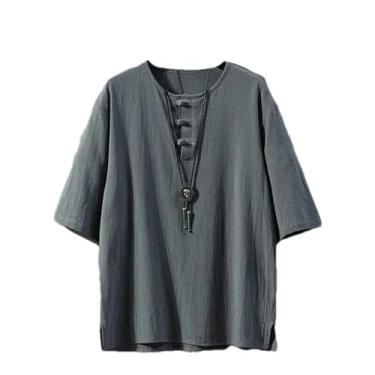 Imagem de Camiseta masculina de algodão e linho manga curta terno verão meia manga estilo chinês roupas masculinas botão roupas, Cinza esfumaçado azul, XXG