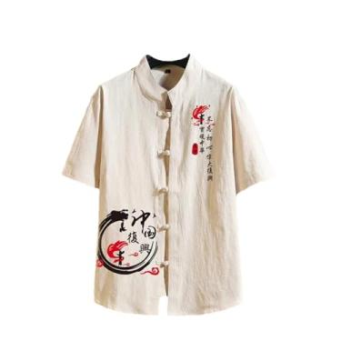 Imagem de Camisa masculina simples de verão masculina com botão sapo camisa casual de linho e algodão blusa de manga curta camisetas chinesas, Camisas de linho cáqui, G