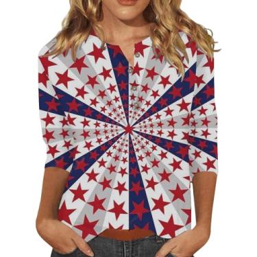 Imagem de Camiseta feminina 4 de julho casual bandeira americana listras estrelas manga 3/4 gola V túnica Memorial Day blusa patriótica, Cinza, G