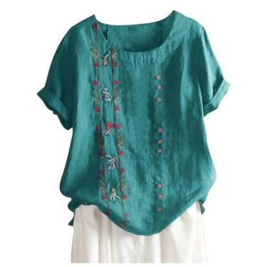 Imagem de Lainuyoah Camisetas vintage femininas modernas de linho de algodão boho manga enrolada gola redonda casual estampada/bordado blusa verão, Azul-celeste A, 4G