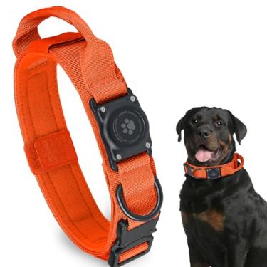 Imagem de Coleira tática para cães AirTag, 100% à prova d'água, integrada, Apple AirTag, com suporte rígido para AirTag, coleira militar ajustável com alça, coleira GPS para cães médios e grandes (laranja, G)