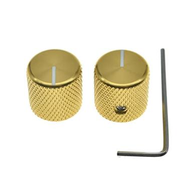 Imagem de KAISH Conjunto de 2 botões de controle de volume/tom de guitarra de metal de alumínio com topo plano de 1/4" potenciômetro universal com linha indicadora para tele/Telecaster Gold