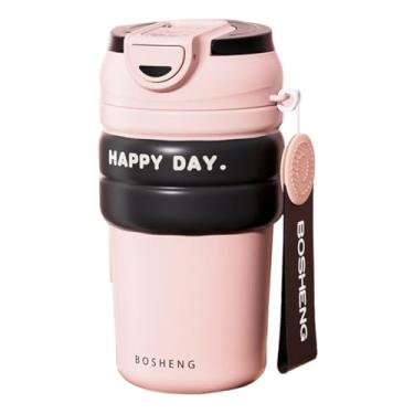 Imagem de Copo de viagem de aço inoxidável de 450 ml com canudo, caneca isolada 316 à prova de vazamento para bebidas quentes e frias, sem BPA, xícara de café portátil com aderência antiderrapante e base de