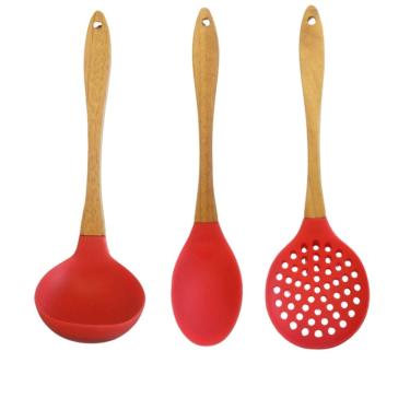 Imagem de Kit Utensilios de Silicone com Cabo de Madeira - Resistente Altas Temperaturas Talheres Escumadeira Concha Colher PANAMI