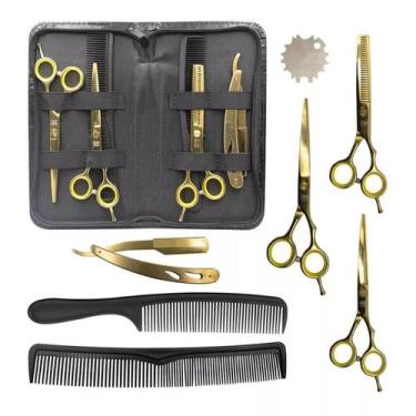 Imagem de Kit 3 Tesoura Fio Laser Fio Navalha Desfiadeira Navalha Dourado - Obop