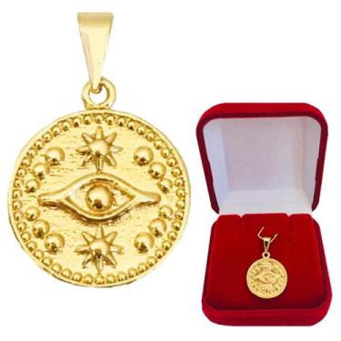 Imagem de Pingente Feminino Medalha Olho Grego Amuleto da Sorte Folheada a Ouro 