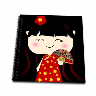 Imagem de 3dRose db_76679_1 Boneca chinesa de desenho Kawaii fofa em vestido dourado vermelho tradicional e livro de desenho chinês-japonês, 20 x 20 cm
