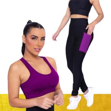 Imagem de Kit conjunto TOP ALÇA MÉDIA bojo + CALÇA LEGGING BOLSOS Feminino Acade