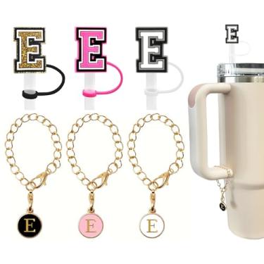 Imagem de Nuozme (3 +3 peças Stanley Tumbler Straw Cover 10 mm reutilizável tampa de palha topper com 3 pingentes de letras iniciais acessórios alça personalizada pingente para copo Stanley 30 e 1,134 g (E)