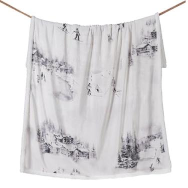 Imagem de Cobertor Indigo Hill by HiEnd Accents Ski Toile sherpa, neve montanha pinheiro, estação de esqui, cobertor estampado para acampamento ao ar livre, cobertor de lã de cabana para sofá, cama, 137 x 172