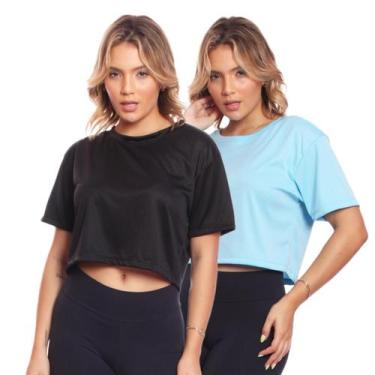 Imagem de Kit 2 Cropped Manga Curta Dry Fit Básico - Brás e Cia, Preto, Azul beb