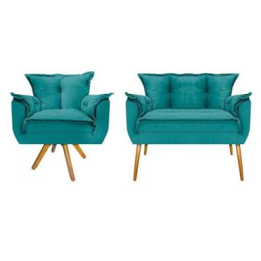Imagem de Kit Namoradeira e Poltrona Opala Base Giratória de Madeira Suede Azul 