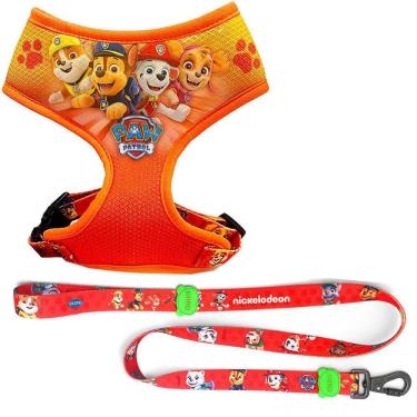 Imagem de Kit Passeio Cães: Coleira Roupinha Colete Peitoral Patrulha Canina + Guia Cachorro Chalesco Paw Patrol Laranja