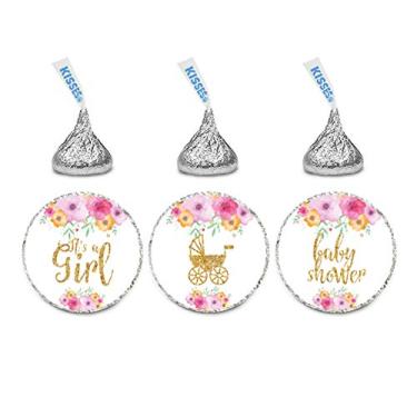Imagem de Andaz Press Chocolate Drop Labels Trio, Chá de bebê, 216 unidades, Spring Floral Flowers With Printed Gold Glitter, Pink