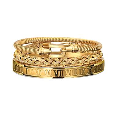 Imagem de WFYOU 3 pulseiras masculinas de aço inoxidável de ouro com numerais romanos, pulseira de cabo torcido, pulseira de punho ajustável, pulseiras masculinas de luxo para presentes, Adjustable (fits 180mm
