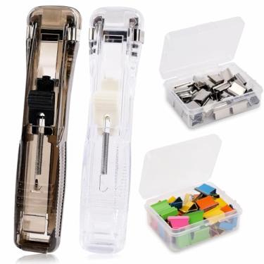 Imagem de 2 peças de dispensador portátil de clipe de moluscos de papel, dispensador de clipes de moluscos com 100 recargas de clipe de moluscos de papel, mini grampeador de pressão, dispensador de papel e