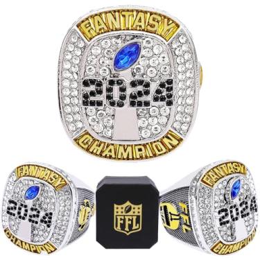 Imagem de noblehead Anel Fantasy Football 2024 | Anel campeão FFL pesado | Troféu de prêmio banhado a ouro prateado para vencedor da liga de futebol de fantasia, Metal, Diamante branco